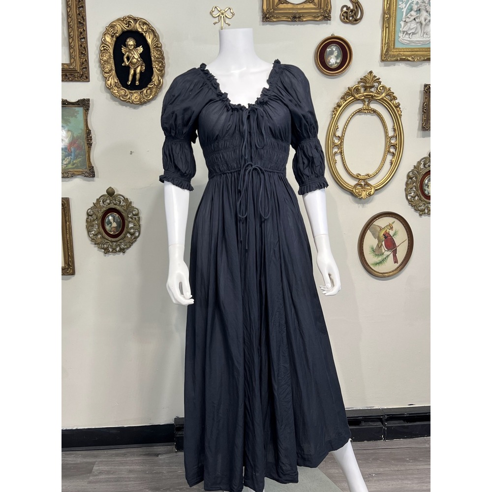 Dôen Black Quinn Midi Dress Smocked Bodice Puff Sleeve Boho Dress Size S